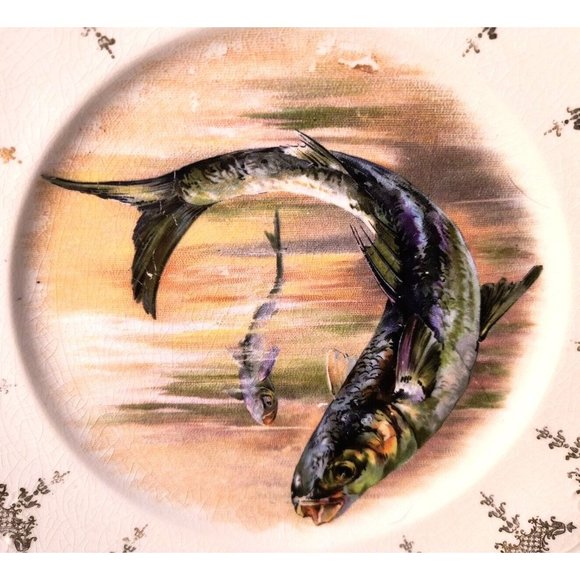 Antique Sterling China Fish Plates, Cabinet Plates, Wall Decor, SET/3 - Picture 2 of 12